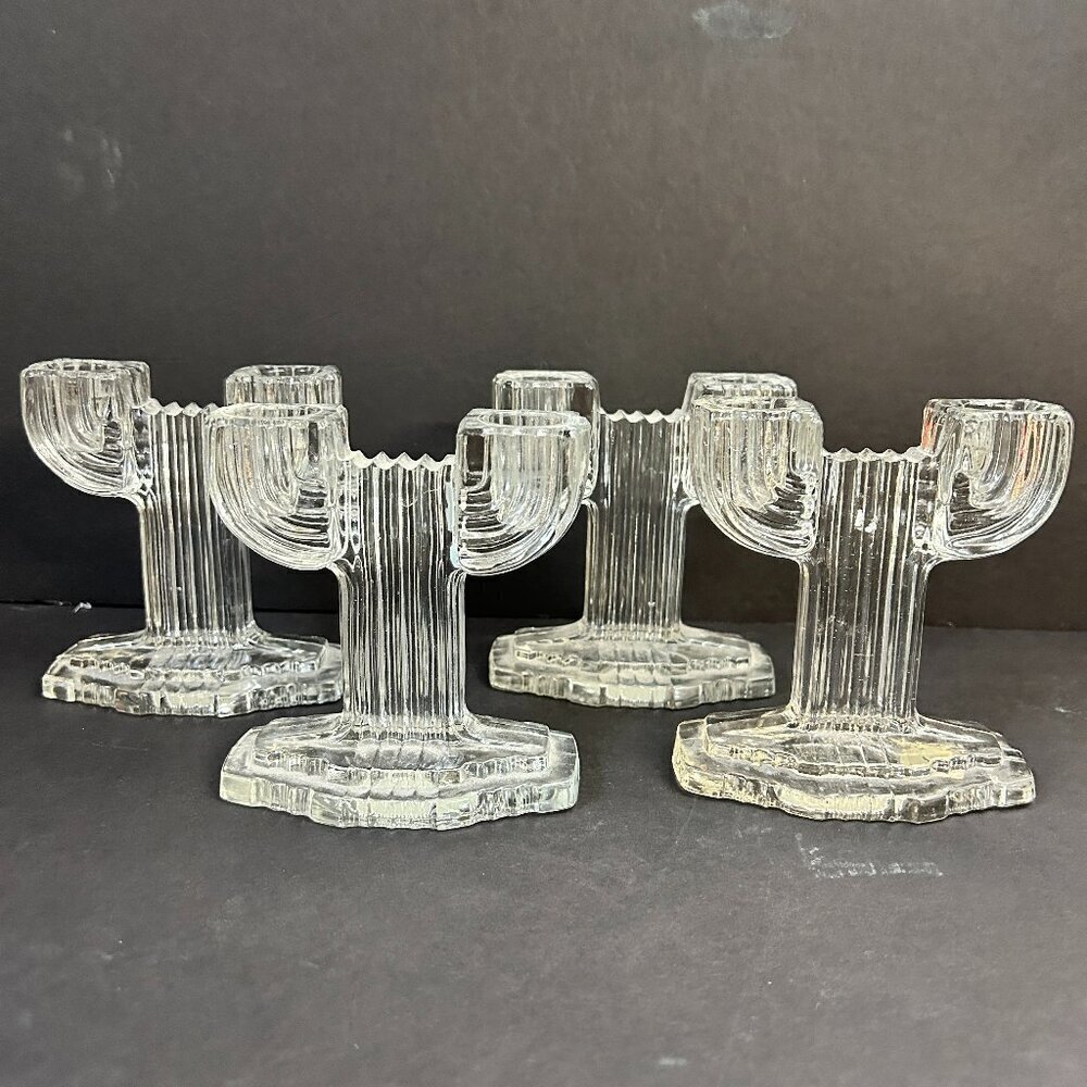 Anchor Hocking Set of 4 Queen Mary Saguaro Cactus Art Deco Glass Candlestick